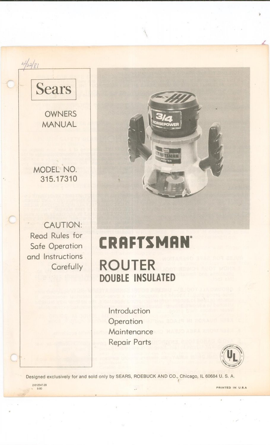 manual for craftsman router 315 245990