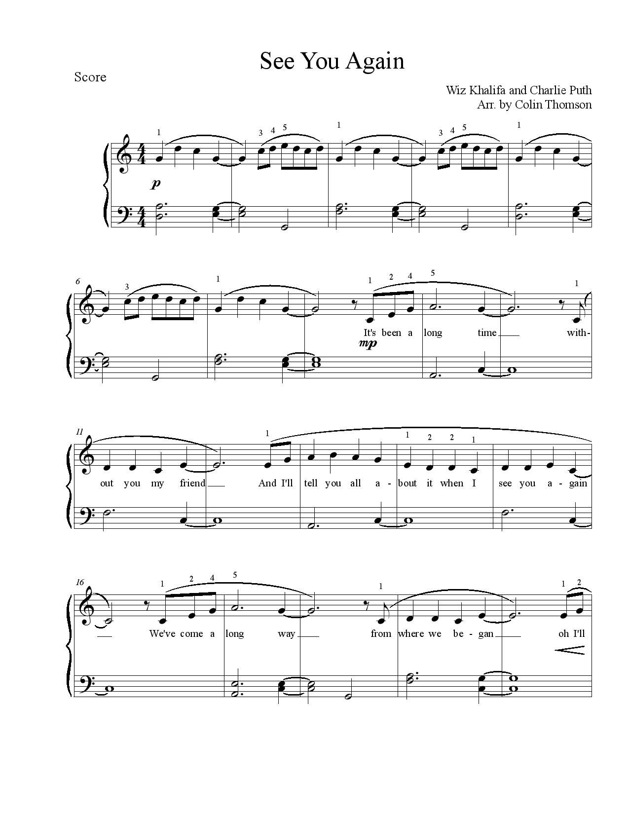 See you again piano notes pdf