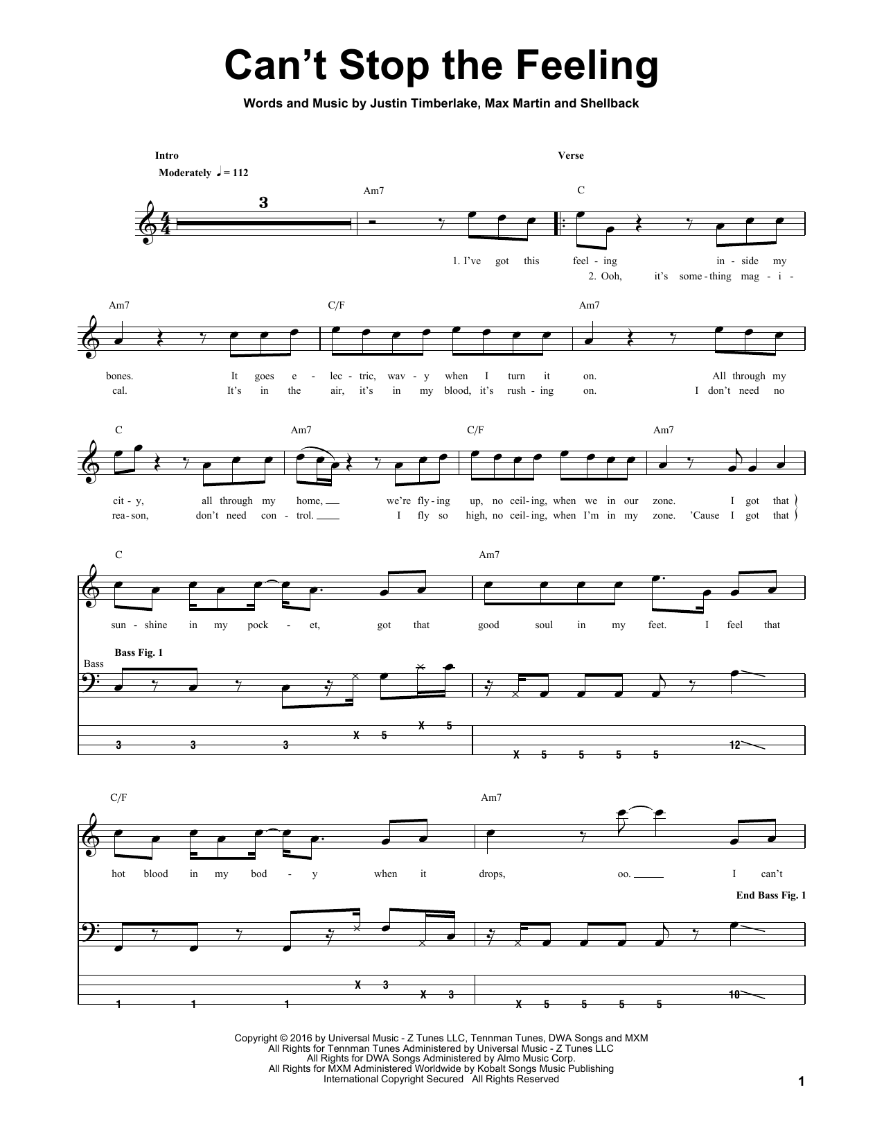 Cant stop the feeling bass transcription pdf